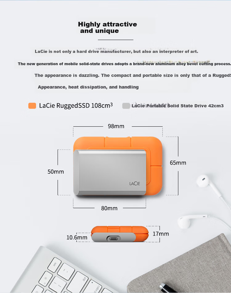LaCie Rugged SSD4 4TB Portable Solid State Drive PSSD USB-C IP54 Waterproof Dustproof Shockproof High-Speed External SSD 6