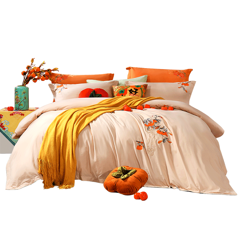 FUANNA Cotton Bedding Set, Three-Piece, Brushed A-Class Set, 60-Count Sateen Thickened Bedding, Persimmon Pattern, 152*210cm
