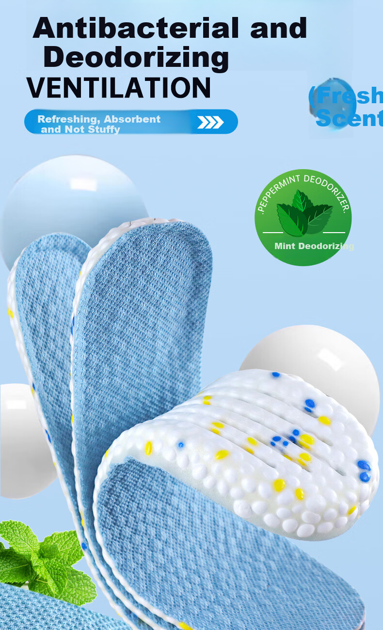 Buyun 2 Pairs Sports Insoles, Odor-Resistant, Shock-Absorbing, for Men And Women, Deodorizing, Sweat-Absorbing, Breathable, Non-Slip, Massage Leather Shoe Insoles, Blue 8