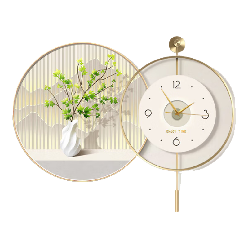 Mao Jiu Jiang Restaurant Decorative Wall Art with Clock and Greenery for Dining Room Table Background, Fresh Style Living Room Luxury Wall Clock Painting