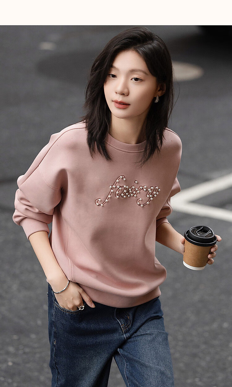Dme [350G Air Layer] Spring Fashion Round Neck Beaded Letter Embroidery Loose-Fitting Fitted Sweatshirt Women's Top 24