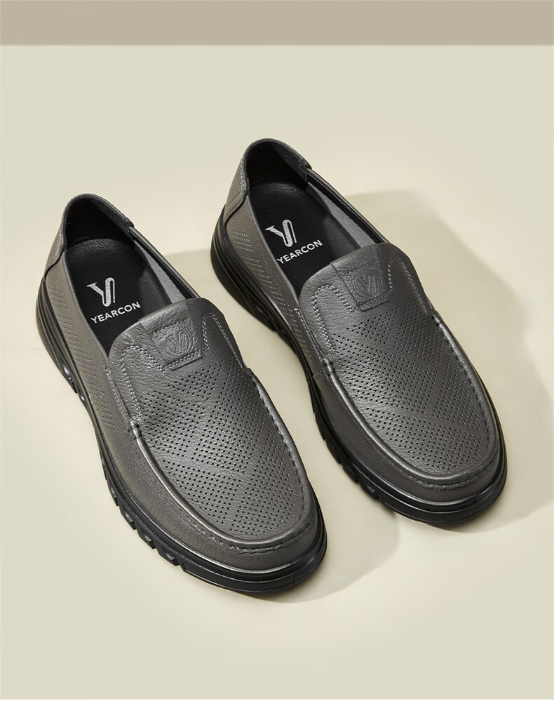 Yierkang Casual Leather Shoes for Men, Comfortable Slip-On Loafers with Perforated Design for Middle-Aged Fathers, Model 61775W, Black, Size 41 1