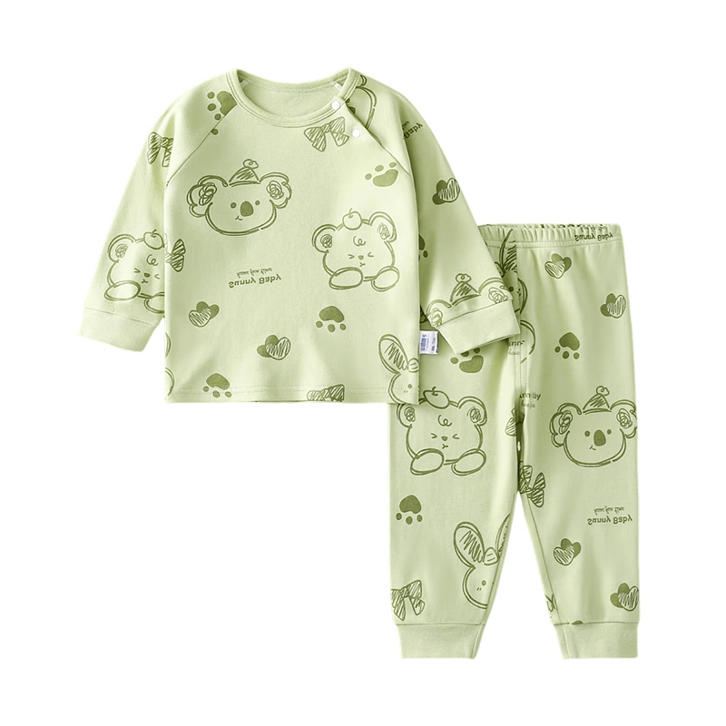 DUOXILUK Children's Outfit Set, Four Seasons Baby Home Wear Pajamas, Cartoon Long-Sleeve for Young Children, Light Green Striped Animal Pattern, Size 110