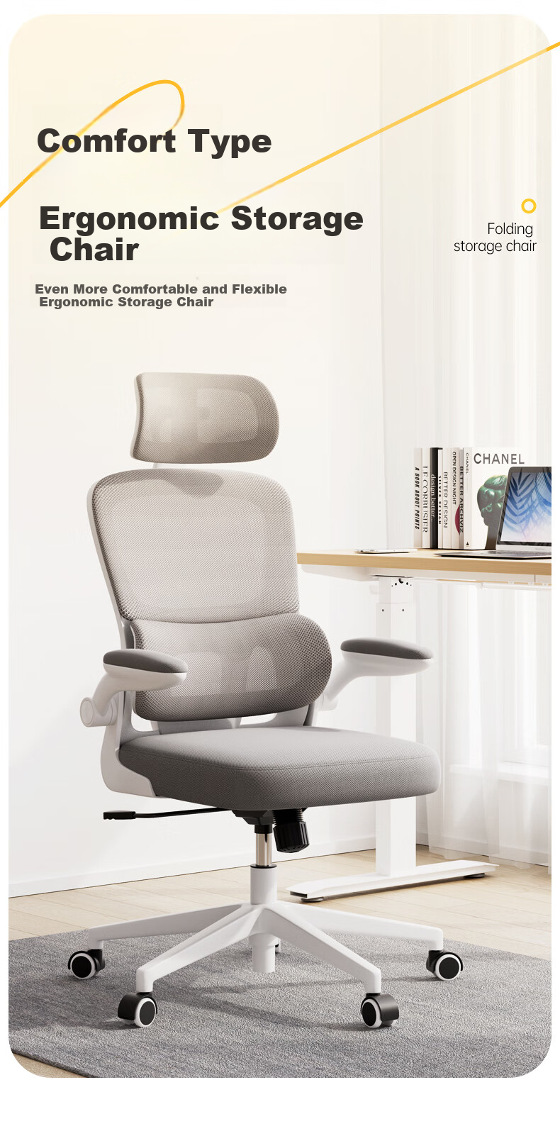 Deli Fold Series Ergonomic Double Back Chair, Armrest Folding Bedroom Storage Home Chair, Gray 1