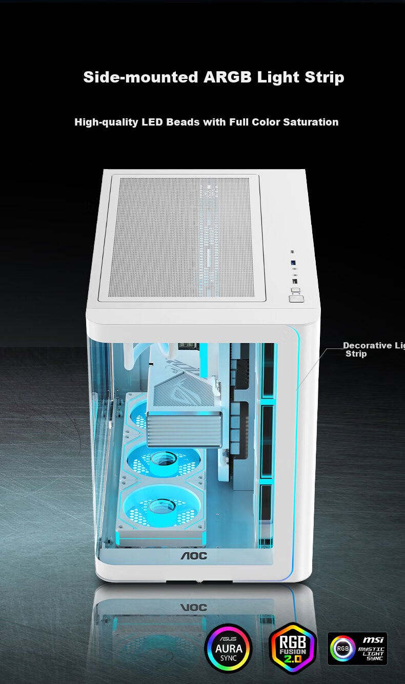 AOC CG455 White ATX Desktop Computer Case with Integrated Curved Tempered Glass Panel, 10 Fan Positions, 360mm Water Cooling Support, Left And Right Compartment Separation, Quick-Release Desig 2