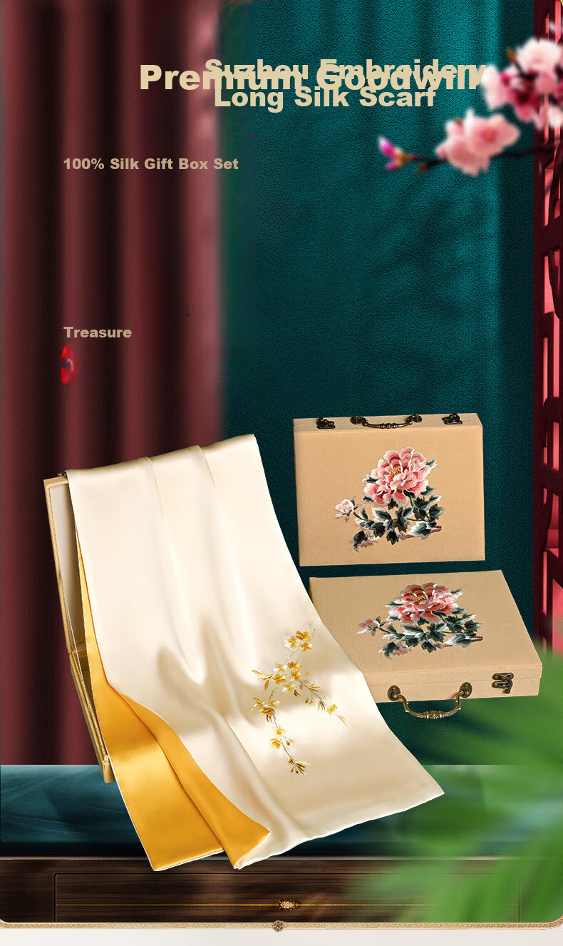 Hangsifu Silk Mulberry Silk Suzhou Embroidery Scarf, Flower Pattern Gift Box, Shawl, Outer Wear, Birthday Gift for Mom, High-End Mid-Autumn Festival Present 1