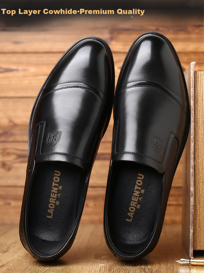 LAORENTOU Men's Leather Shoes, Business Formal Shoes, Top-Grain Cowhide Slip-Ons, Non-Slip Breathable Casual Shoes, A90205, Black, Size 39 2