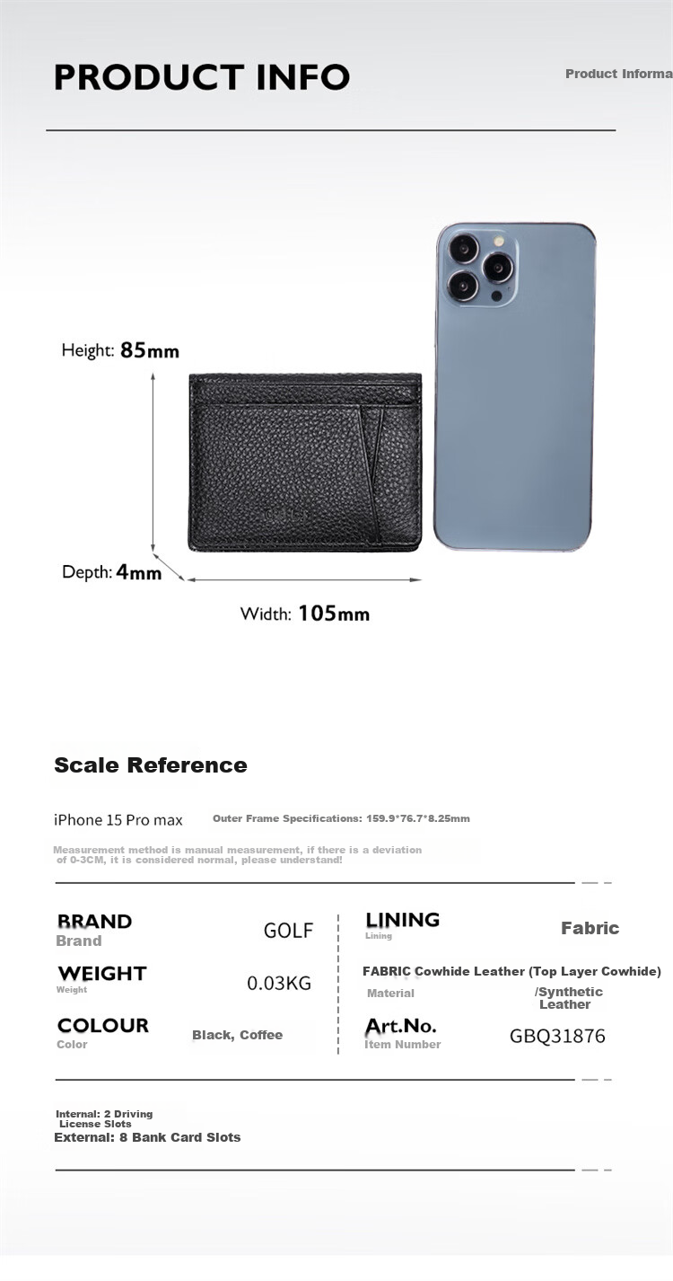 GOLF Card Holder, Men's Top-Grain Leather Driving License Holder, Multi-Card Slots for Women, Bank ID Card Holder, Ultra-Thin Card Sleeve 8