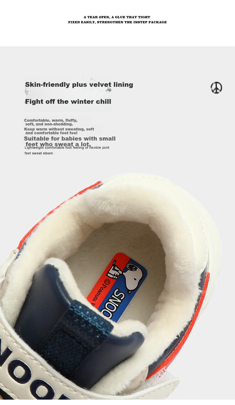 SNOOPY Boys' Warm Sneakers, Short Fleece Cotton Shoes, Winter Casual Shoes, 5002 Dark Blue And Beige, Size 22 6