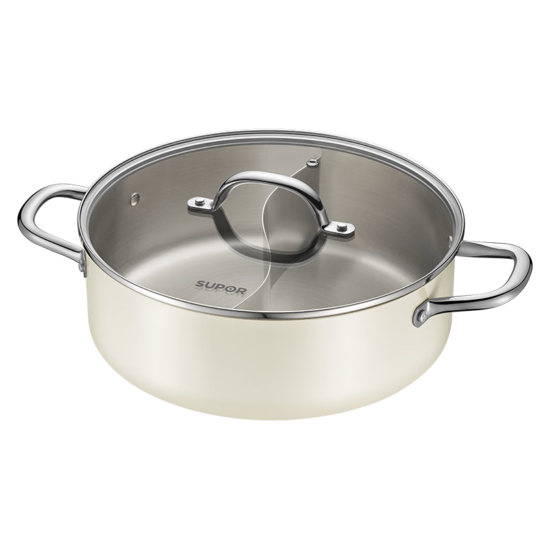 Supor 304 Stainless Steel 6.3L Double Flavor Hot Pot with Composite Bottom for Gas and Induction Cookers 30cm White ET30ABS01-W