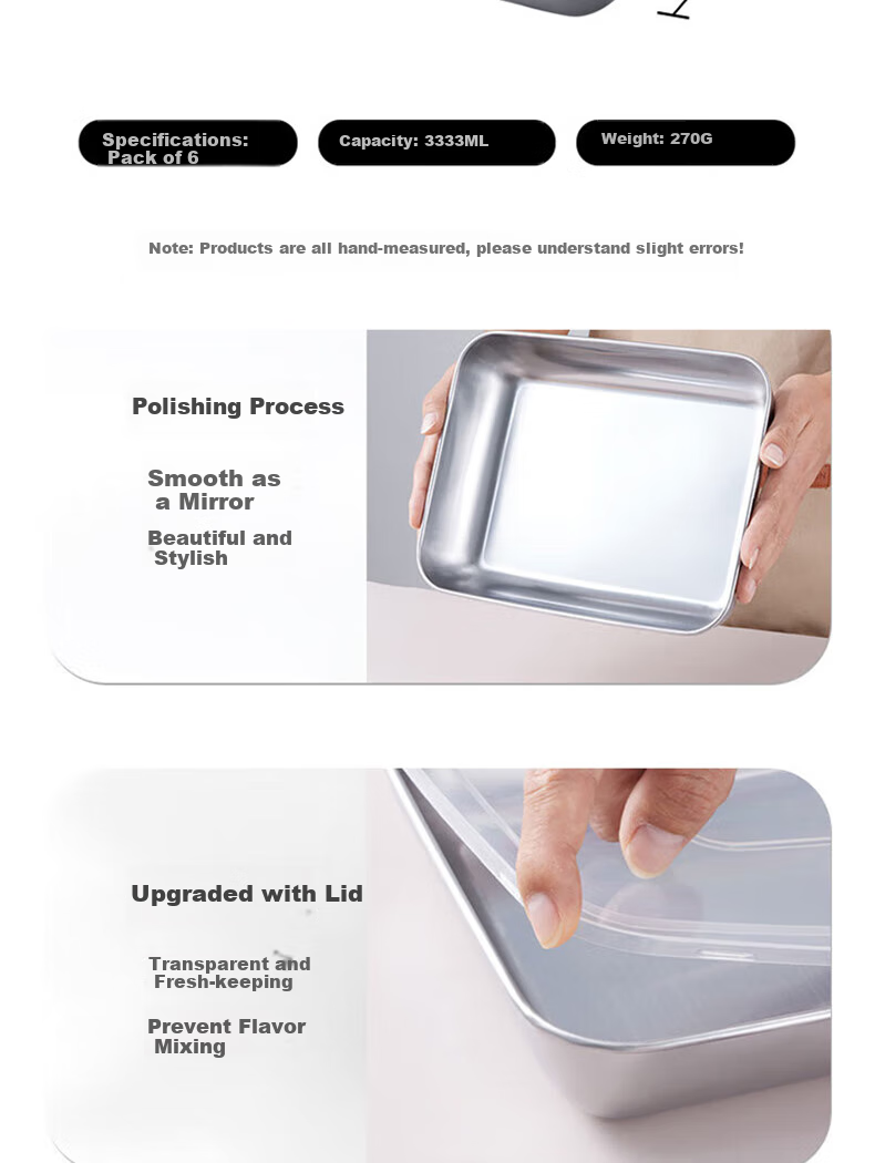 BJ [Extra Large] Stainless Steel Rectangular Food Storage Container, Extra Thick Tray for Cold Dishes And Barbecue with Lid, Set of 6 6