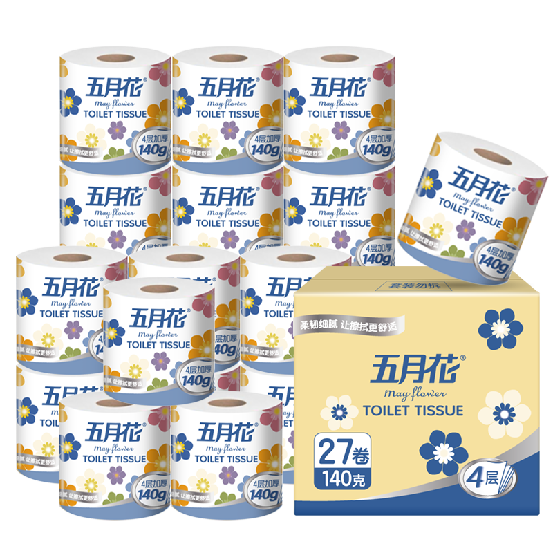 May Flower Core Roll Toilet Paper, Classic 4-Ply 140g*27 Rolls, Thick And Durable Toilet Paper, Tissue Paper Tube Paper, Sold by Box