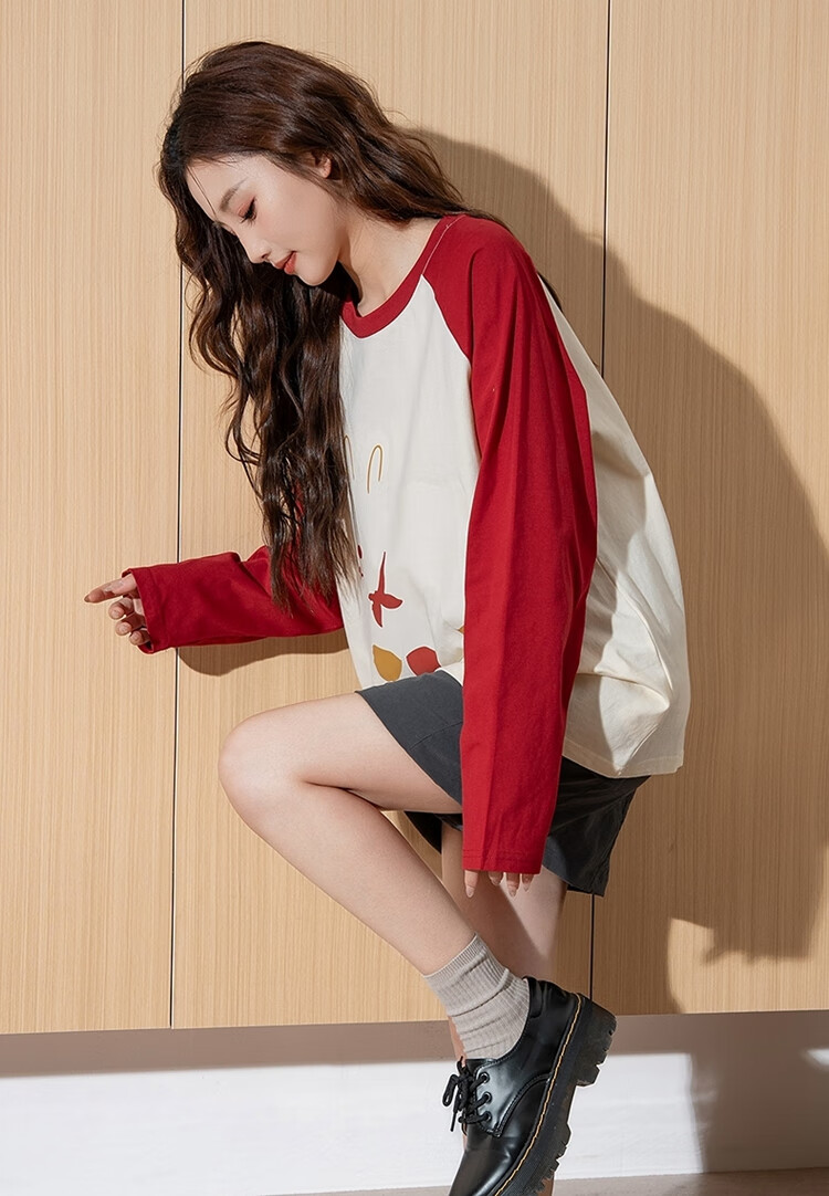 TonLion 2025 Women's Front Chest Print Raglan Long Sleeve T-Shirt, Cherry Red, Size S 1
