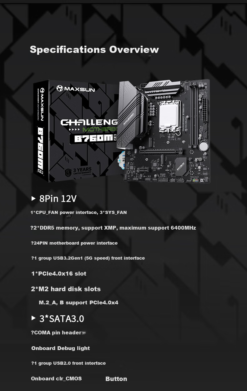 MAXSUN MS-Challenger B760M D5 Motherboard for Gaming, Supports DDR5 CPU 12600KF/13400F/14600KF (Intel B760/LGA 1700) 9