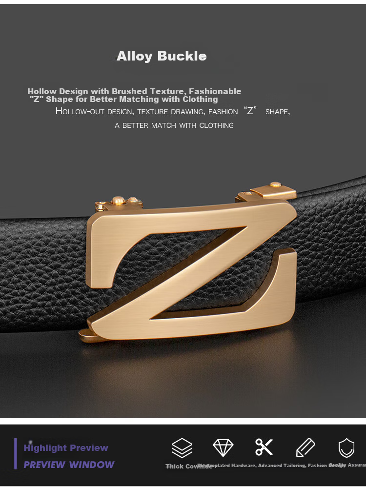 COW Leather Belt for Men, Top-Grain Cowhide Belt with Casual Automatic Buckle, Gift for Boyfriend's Birthday, 2008 Lychee Pattern Gold 2