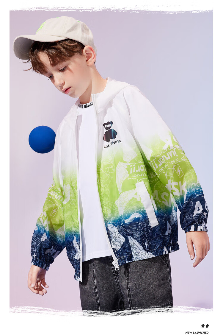 ASK JUNIOR Boys' Summer Air-Conditioned Jacket Skin Coat Colorblock Hooded Sports Windbreaker Light Blue 160 7