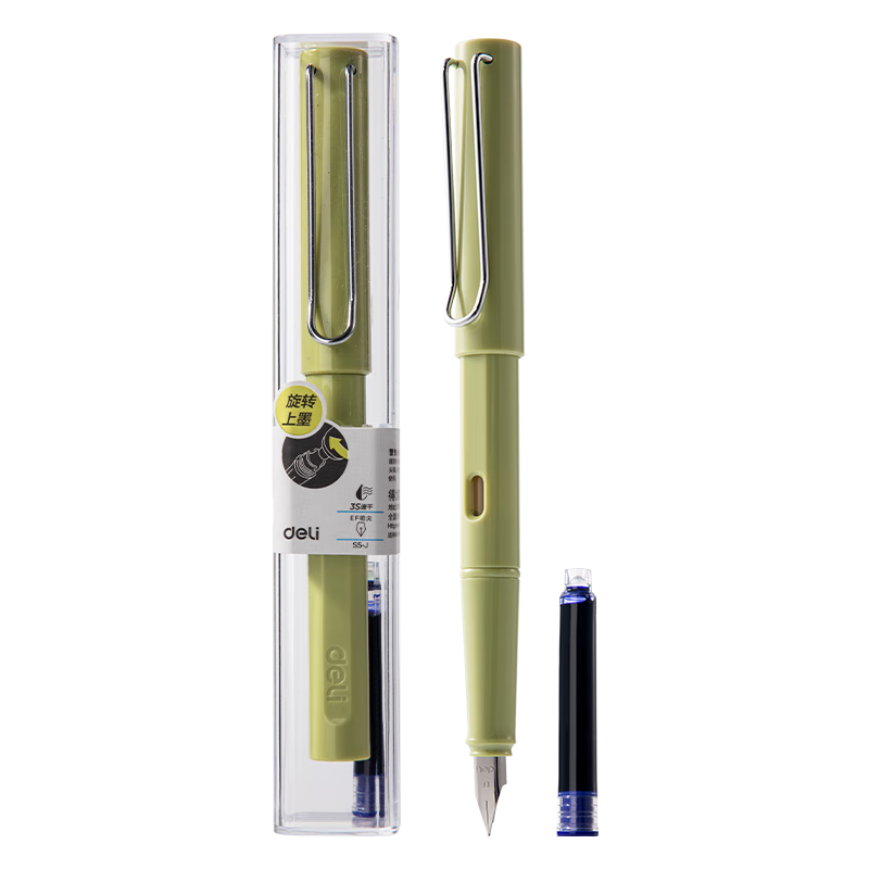 Deli EF Fine Nib Fountain Pen Student Stationery, Quick-Drying Posture-Correcting Handwriting Practice (1 Pen 1 Crystal Blue Ink Cartridge 1 Ink Converter), Green S5-J EF Nib (Approximately 0.38mm)
