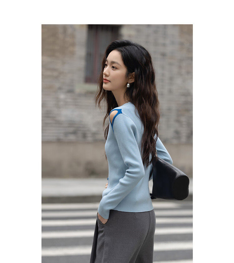 Dme [Light Oxygen Sea Salt] Spring Korean Style Hollow-Out Contrasting Color V-Neck Sweater, High-Elasticity Comfortable Long-Sleeve Knit Top for Wome 4