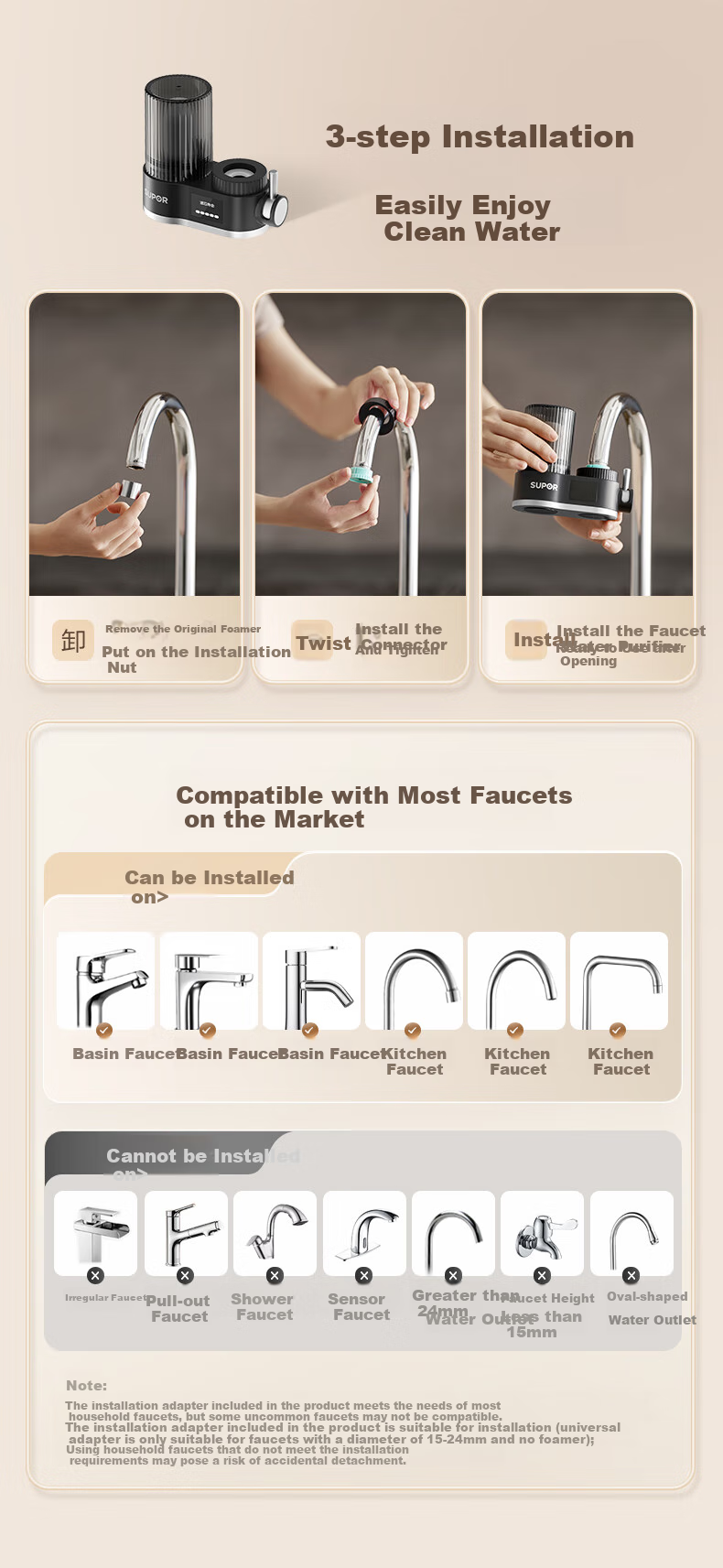 SUPOR Faucet Filter Cartridge, Replacement Indicator, Washable Filter Element, Chlorine Removal And Scale Prevention, 1 Machine with 4 Cartridges, Household Water Purifier, Kitchen And Bathroom Tap Water Filter, C25 Single Cartridge 5