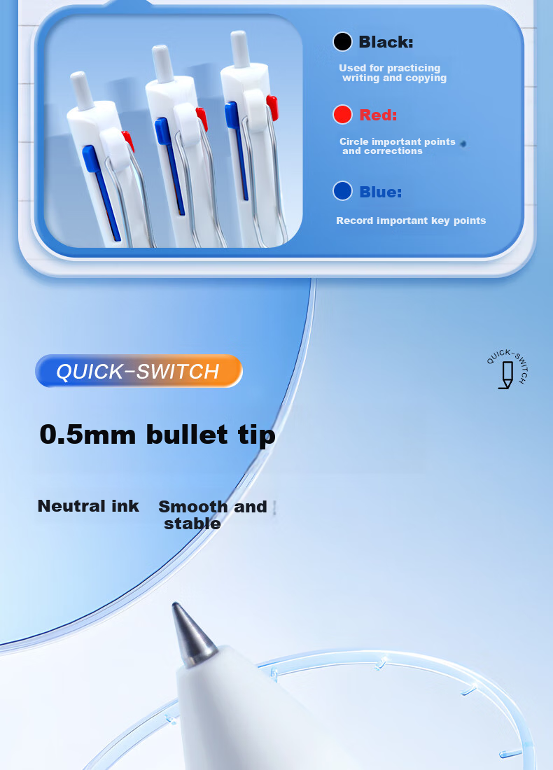 M&G Stationery Premium Three-Color Multi-Purpose 0.5mm Retractable Gel Pen, Quick-Drying Bullet Tip in Red, Blue, And Black, for Students' Office Journal/Note/Taking/Marking, Single Pen AGPK6502 4