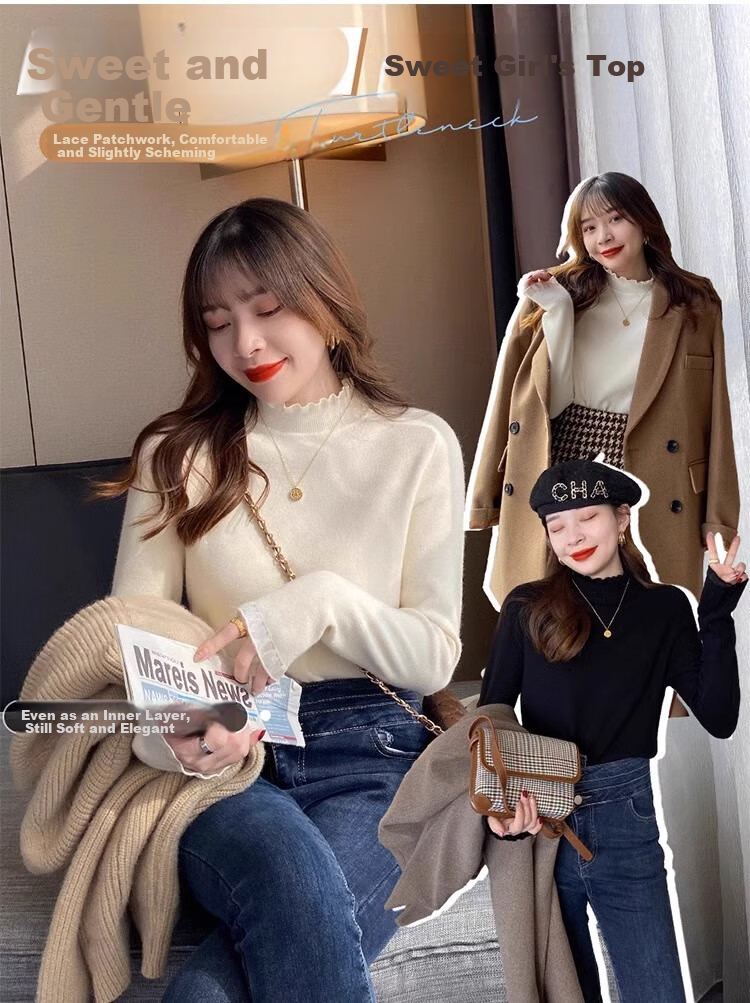 YUZHAOLIN Lace Semi-Turtleneck Base Layer Women's Inner Knit Sweater, Slim Fit, Unique Design, Long-Sleeve Top, White 1