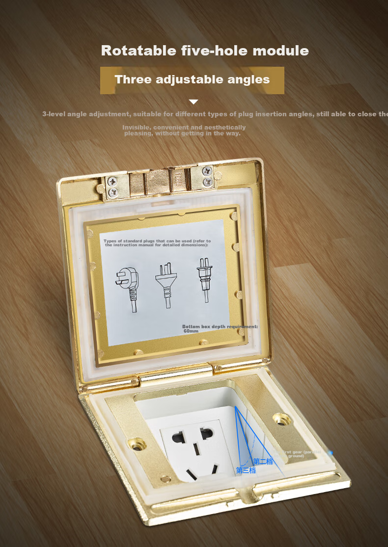 DELIXI Switch Socket, Gold Five-Hole Copper Floor Socket, Flip-Cover Waterproof Floor Socket (Including Concealed Box) 6