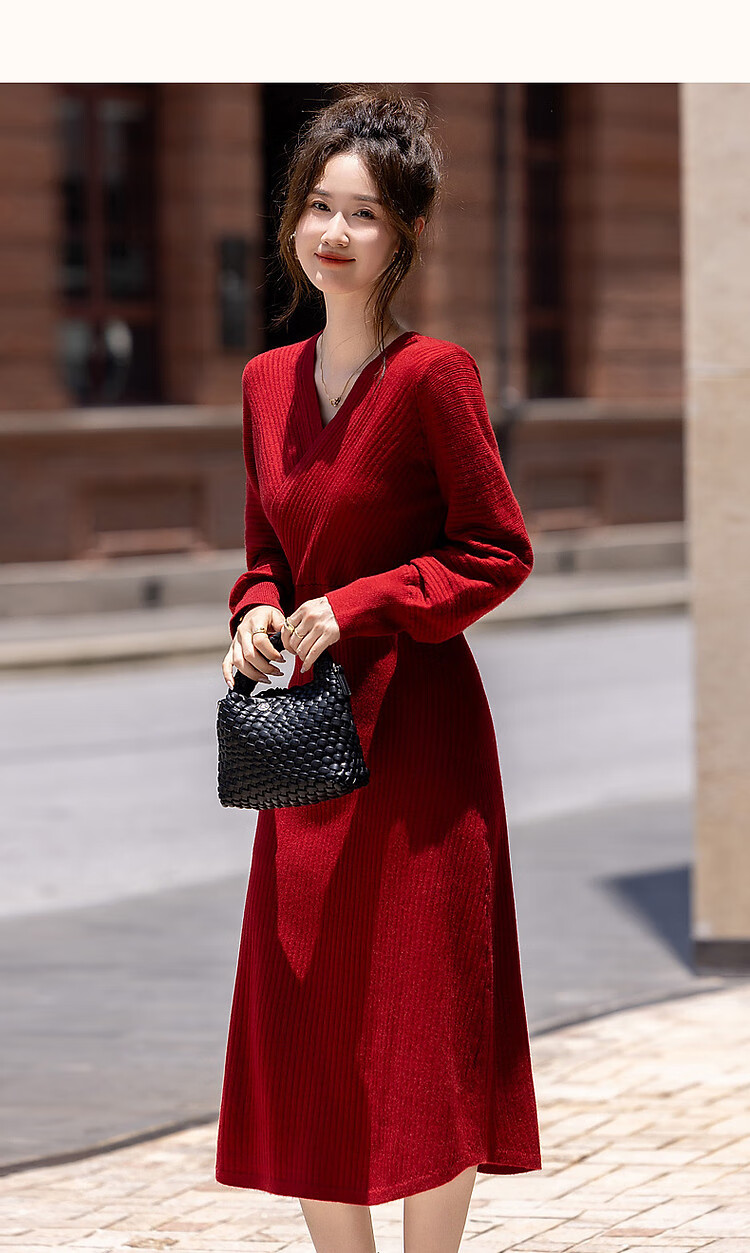 Dme [Lainviliyue] Spring And Autumn Cloud-Soft Elegant V-Neck Cross-Waist A-Line Bodycon Women's Dress 11