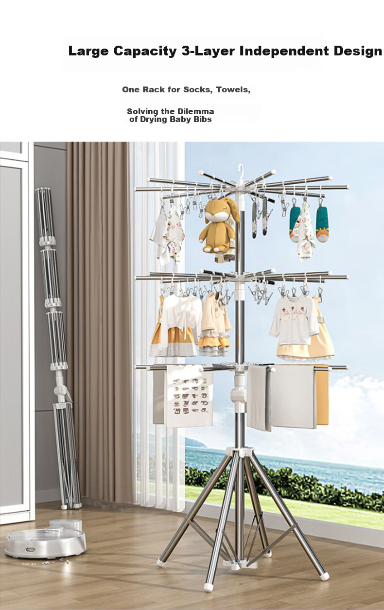 Baoyouni Baby Clothes Drying Rack, Floor-Standing, Stainless Steel, Multifunctional, Foldable, Towel Rack, Diaper And Drool Cloth Hanger 1