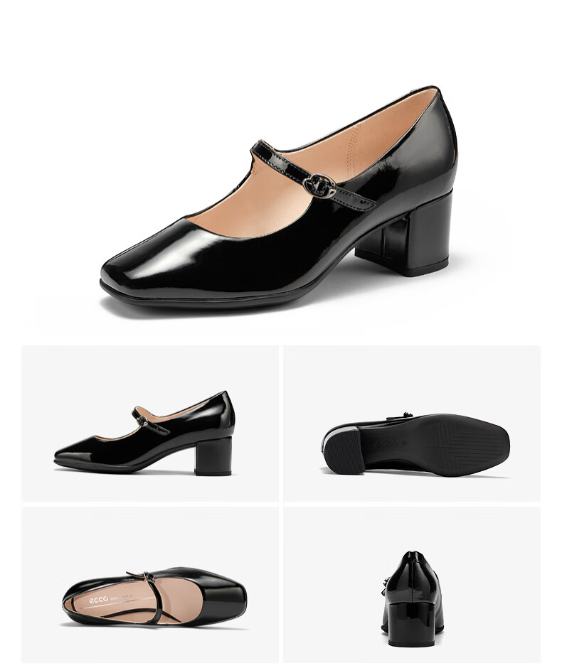 ECCO Retro Fashion Elegant Square-Toe Mary Jane Chunky Heel High Heels, Shape 290963, Black, Size 35 5