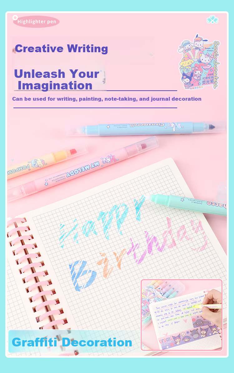 GuangBo Dual-Tip Erasable Highlighters, 6 Colors, Sanrio Collaboration Student Exam Review Highlighting Pens, Aesthetically Pleasing Journal Markers Office Marker KT84587 5