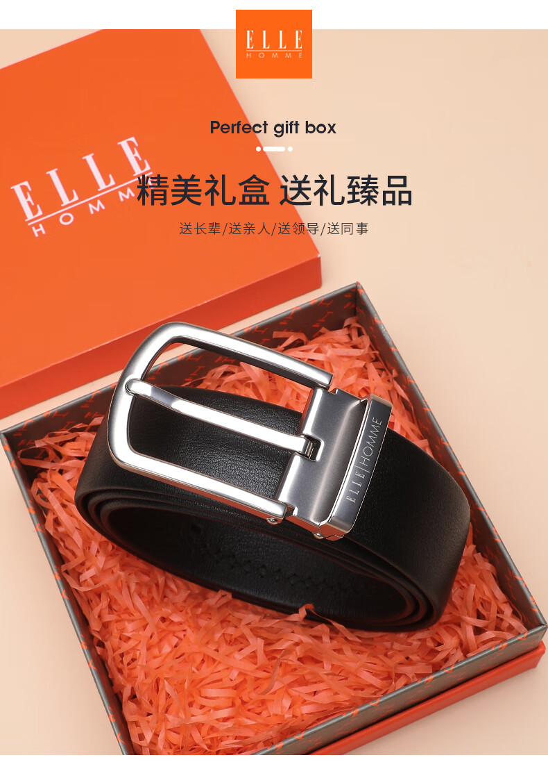 ELLE HOMME Men's Leather Belt, Fashionable Pin Buckle Waistband, Top-Grain Cowhide Casual Trouser Belt, 1815 Black, Birthday Gift for Me 1