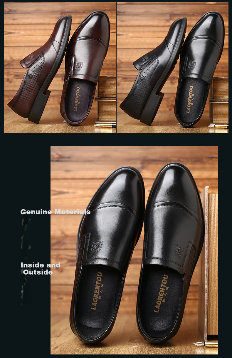 LAORENTOU Men's Leather Shoes, Business Formal Shoes, Top-Grain Cowhide Slip-Ons, Non-Slip Breathable Casual Shoes, A90205, Black, Size 39 15