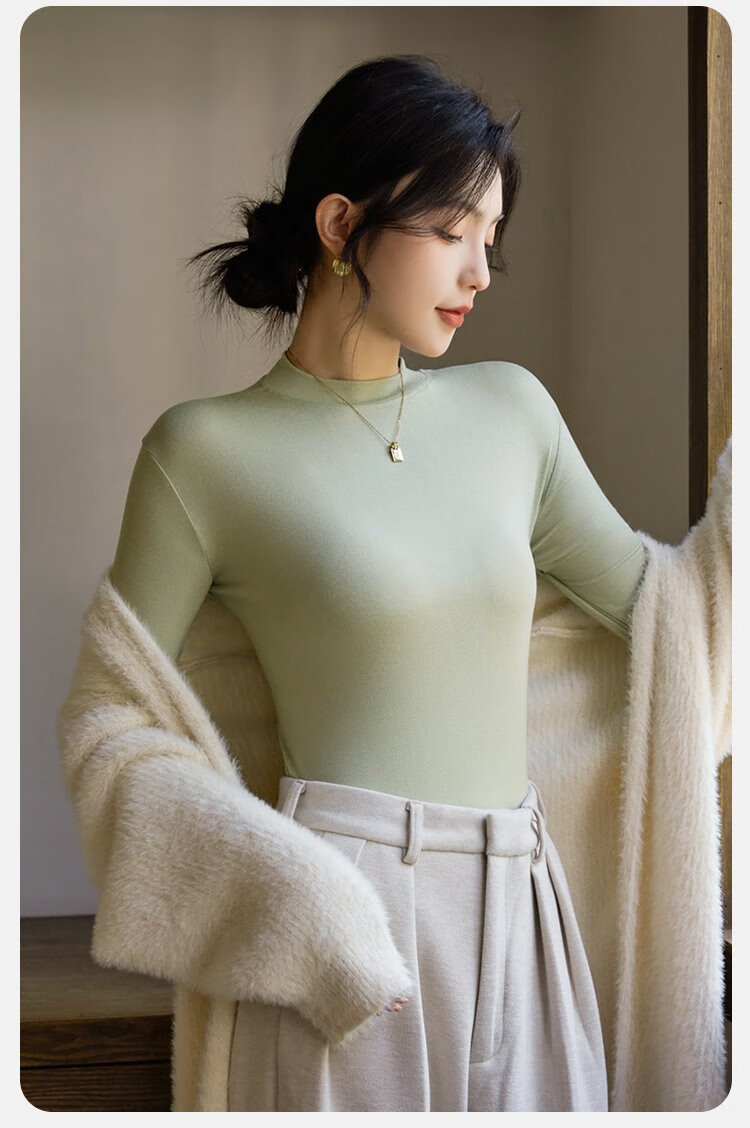 LangSha Warm Top, Black Semi-Turtleneck Base Layer for Women, Spring And Summer Inner Wear, Antibacterial And Anti-Mite Long-Sleeve Mid-Collar Winter Thin T-Shirt 13