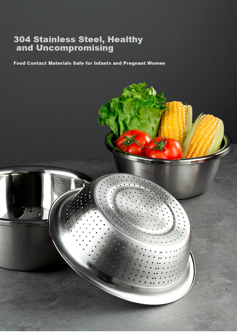 Onlycook 304 Stainless Steel Bowl And Strainer Set, Large Thick with Draining Basket, Vegetable Washing Bowl, Rice Washing Sieve And Dough Mixing Bowl, 5-Piece Set 4