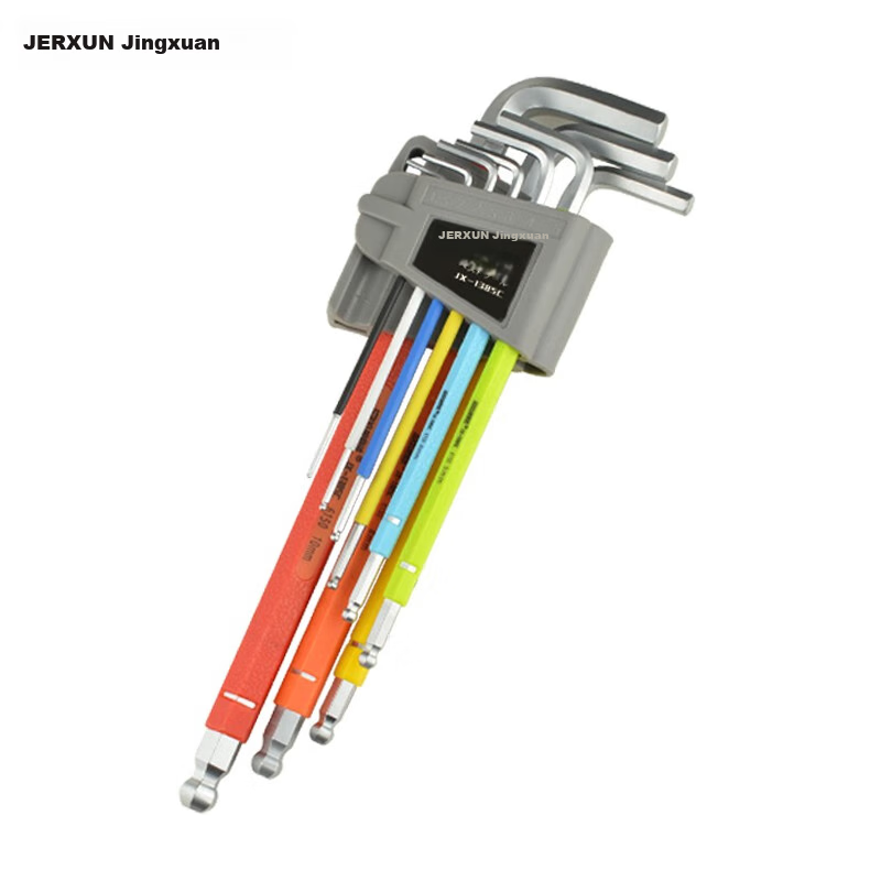 JERXUN Colorful Hex Key Set, 9 Pieces, L-Shaped Extended Ball-End And Flat-End Hex Screwdriver, Metric Wrench