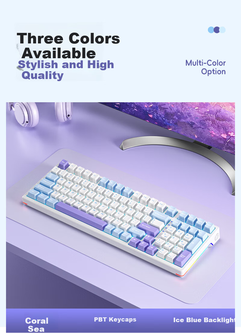HP GK100 Wired Backlit Mechanical Keyboard 104-Key Full-Size Gaming Office Ergonomic Computer Peripheral Side-Printed White Light Blue Switch 10
