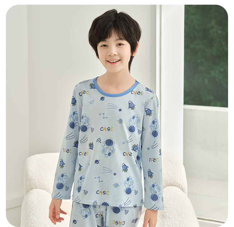Hodo Kids Children's Pajamas Boys and Girls Cotton Long Sleeve Long Pants Set Spring Summer Pullover Air Conditioning Suit H031-5 150 13