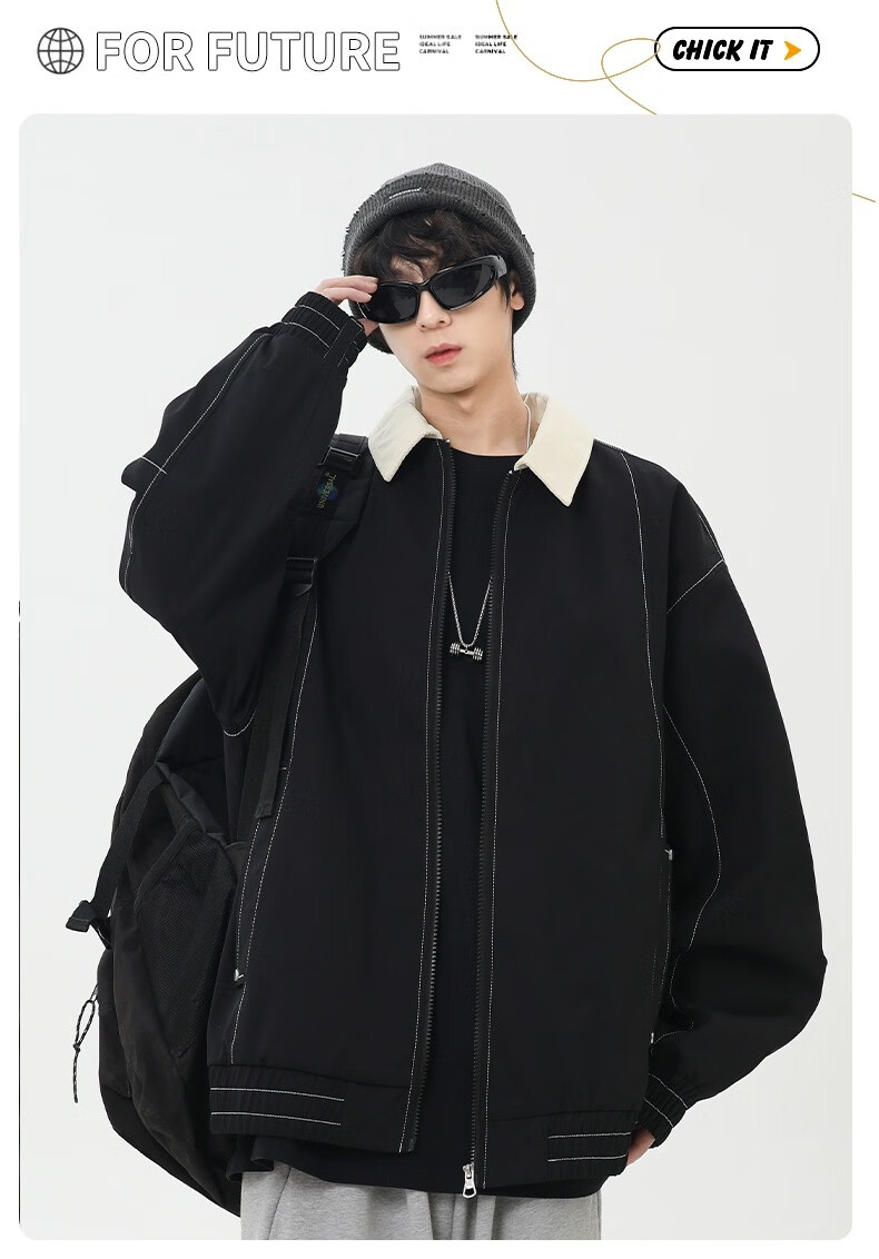 Wassup Sohot Men's Jacket, Spring And Autumn American Workwear Style Coat, Trendy Loose-Fit Lapel Outerwear for Men, Black, Size M 1