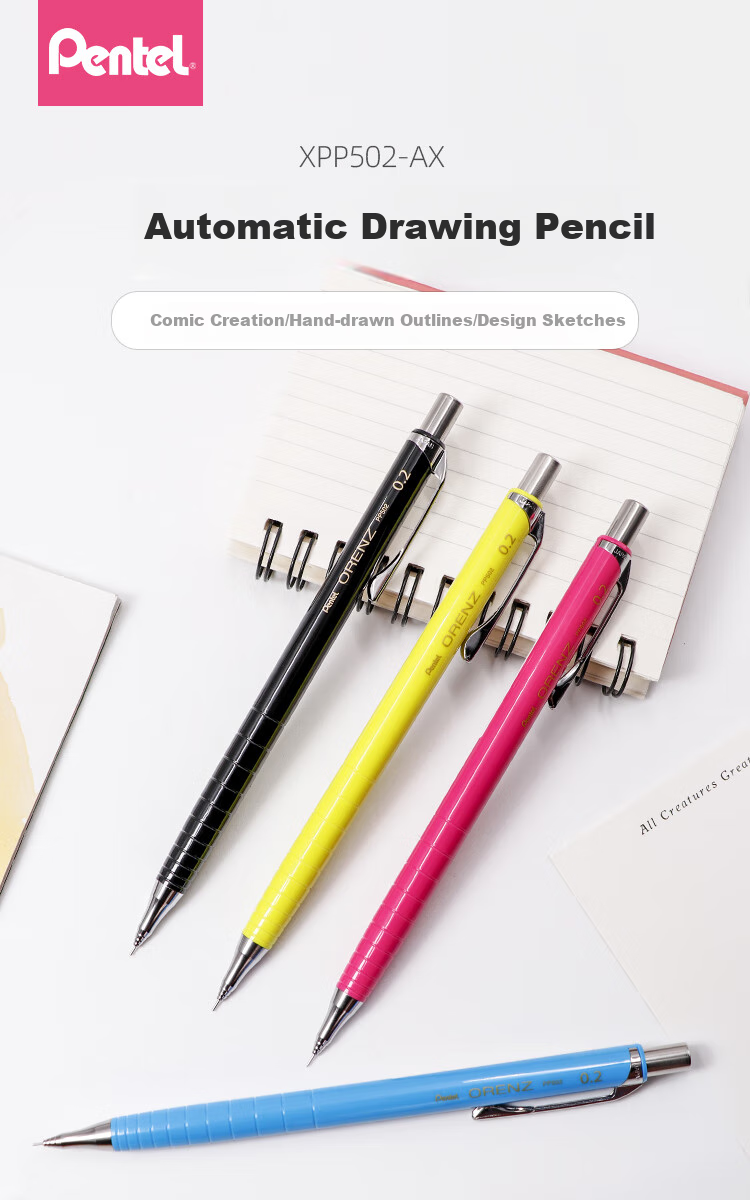 Pentel XPP502 Mechanical Pencil, 0.2mm Writing Pencil, Sketching And Drawing Outlining Pencil with Eraser, White Single Pack 1