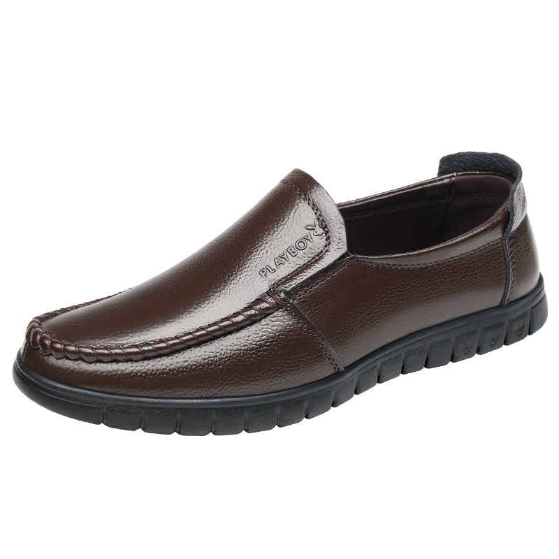 PLAYBOY Men's Shoes, Spring And Autumn New Style Middle-Aged And Elderly Dad Shoes, Slip-On Men's Shoes, Business Casual Leather Shoes, Dark Brown, Size 40