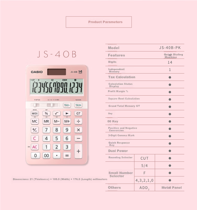 Casio JS-40B 14-Digit Stylish Office Calculator with Large Display And Comfortable Buttons, Cherry Blossom Pink 6