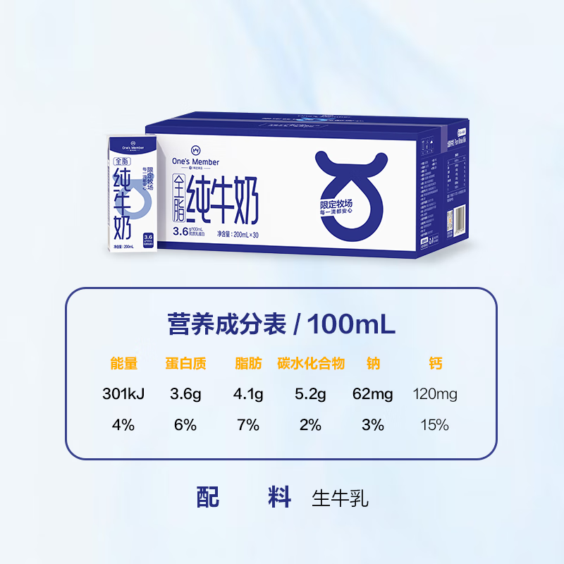 1号会员店（One's Member）3.6g蛋白纯牛奶 200ml*30盒 量贩装 早餐咖啡 