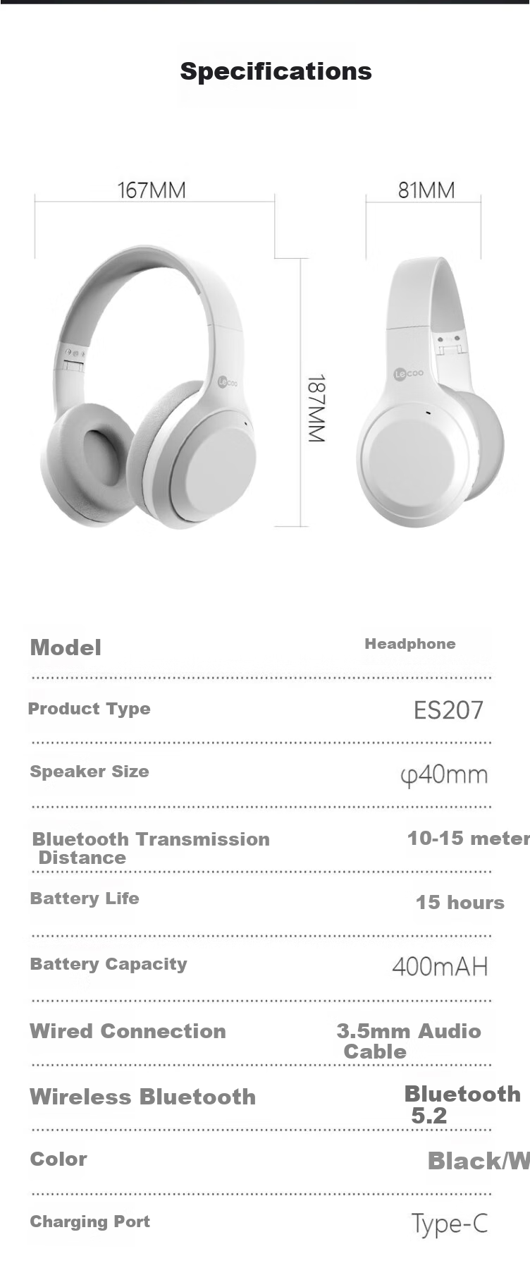 Lenovo Lai Ku Wireless Headset ES209, Over-Ear Headphones with Microphone, Lightweight Foldable Bluetooth Bass Gaming Sports Headset, E-Sports Gaming Music Computer Universal, Black 6