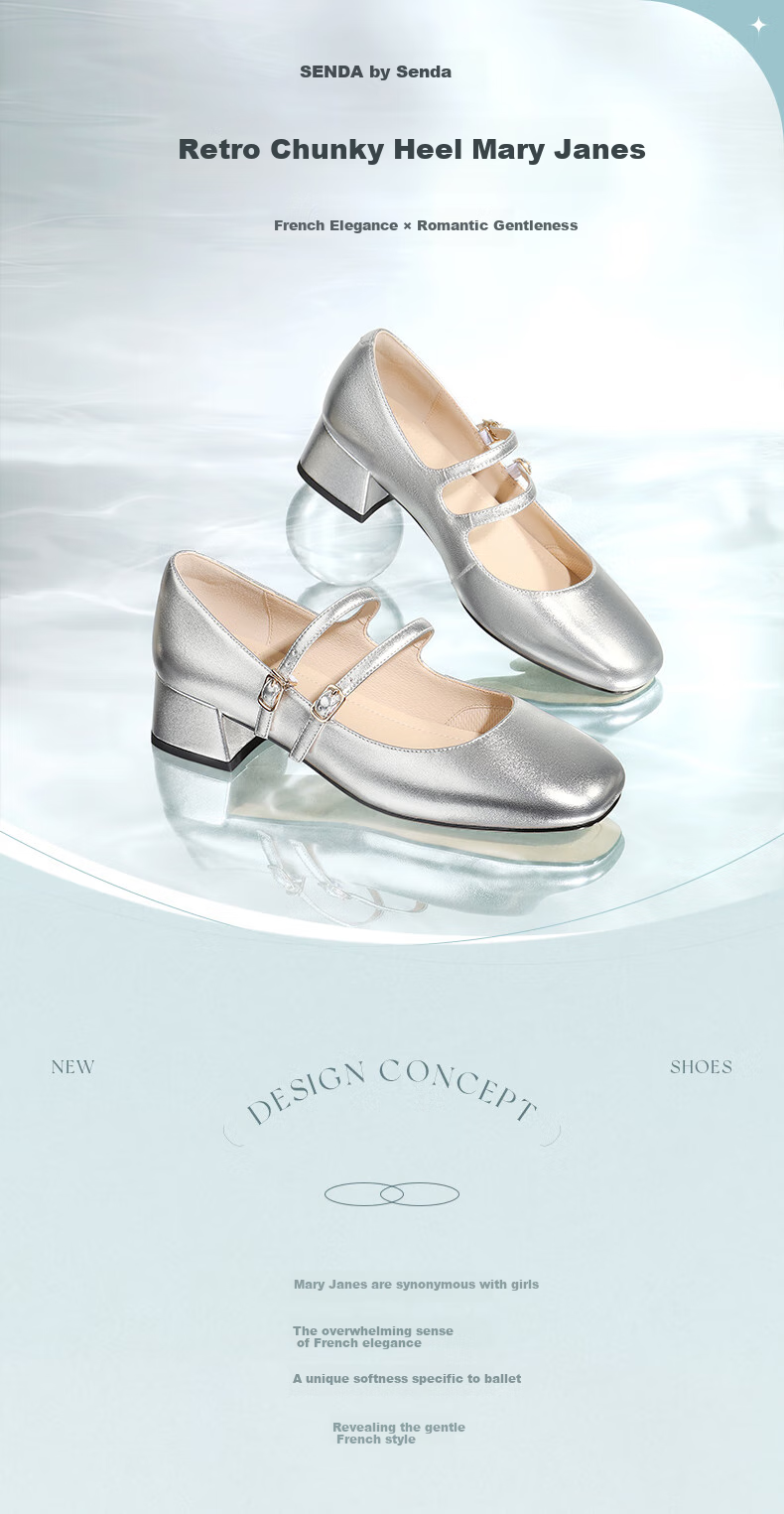 SENDA Mary Jane Women's Shoes, High Heels, Chanel-Style Genuine Leather Commuter Pumps, Ladies' Leather Shoes ZTA62AQ4, Silver, Size 40 1