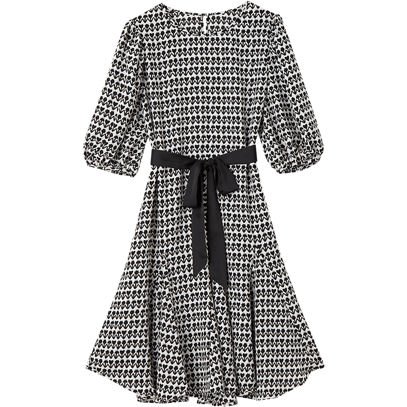 DME Floral Tie-Waist Flared Skirt New Round Neck Waist-Cinching Puff Sleeve Mid-Length Dress for Women Black XL