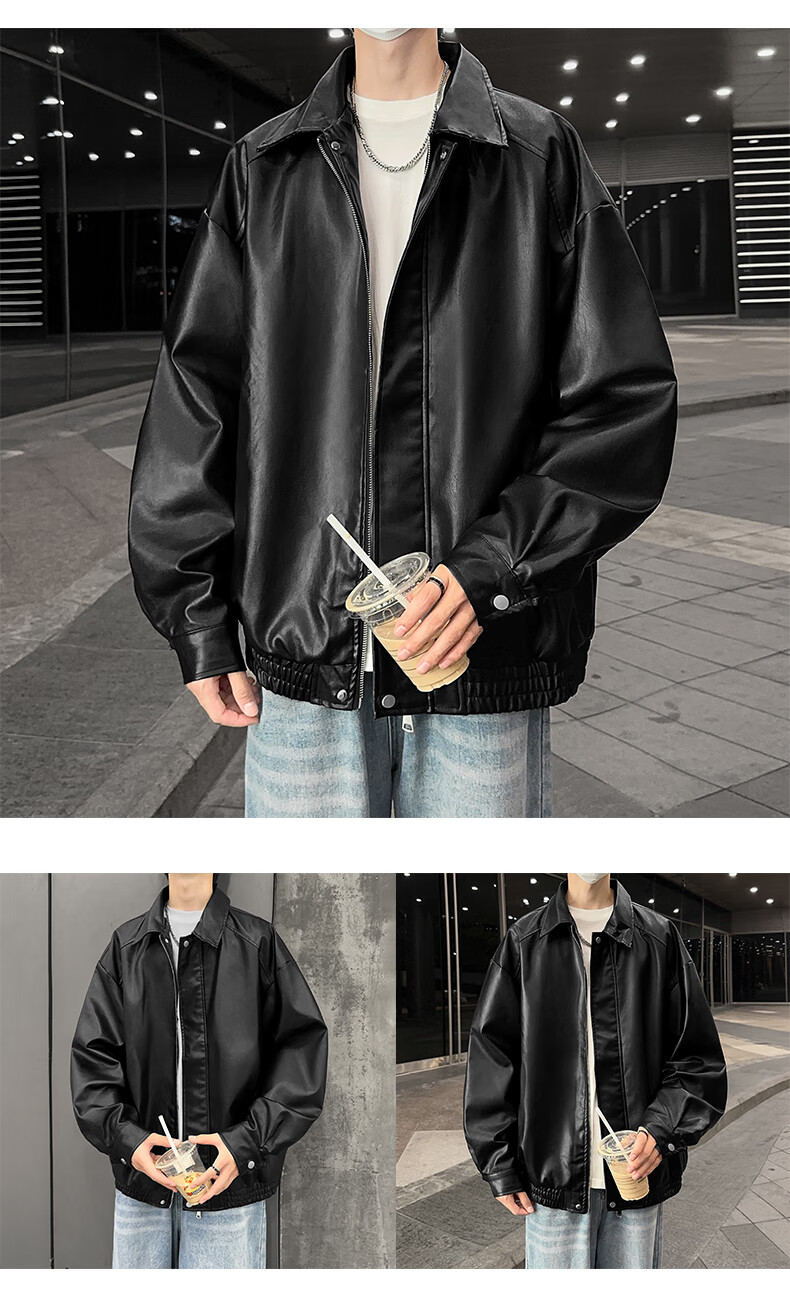 SWAMP AREA Men's Solid Color Leather Jacket, Spring And Autumn Hip-Hop Style Outerwear, American Retro Motorcycle-Inspired Coat, SWC99 Coffee Color, Size L 11