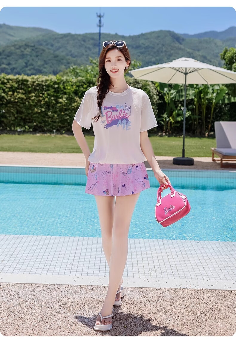 Barbie Conservative Two-Piece Swimsuit Set for Women, Casual Plus Size Swimwear to Hide Belly And Slim Figure, Suitable for Hot Springs And Vacation, Elegant Style 12