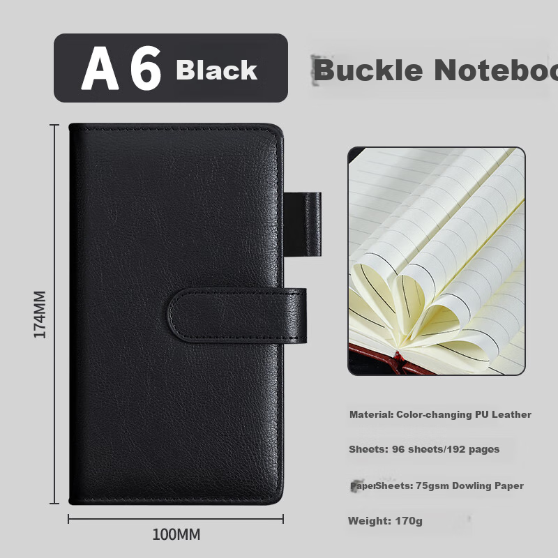 Jiaranheng A6 Pocket Notebook, Portable Notebook, Small Leather Cover Notebook, Thickened with Buckle, Memo Pad, Handheld Journal, Meeting Record Book, Customizable, Black