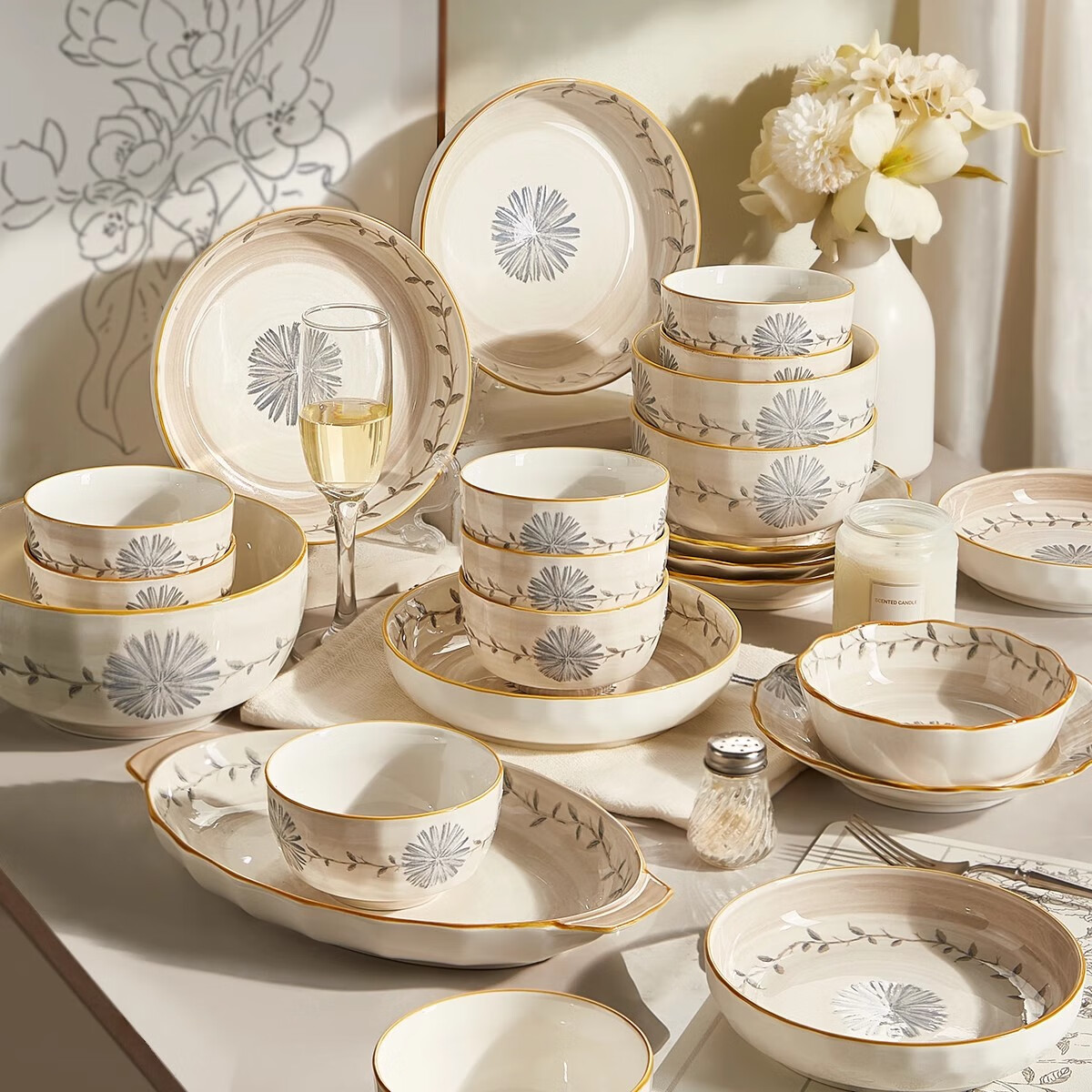 Mose Chinese-Style Bowl And Plate Set, Household Tableware with Underglaze Paint, Housewarming Gift, Ceramic Dinnerware Set, 50 Pieces