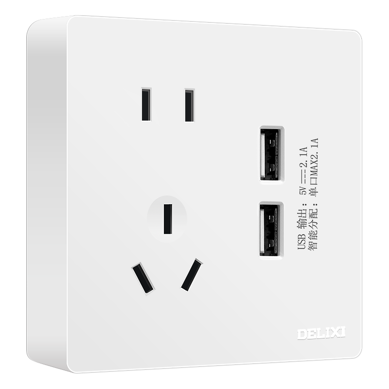 DELIXI Surface-Mounted Switch Socket Panel, 158 Series, 10A Five-Hole with Two USB Sockets